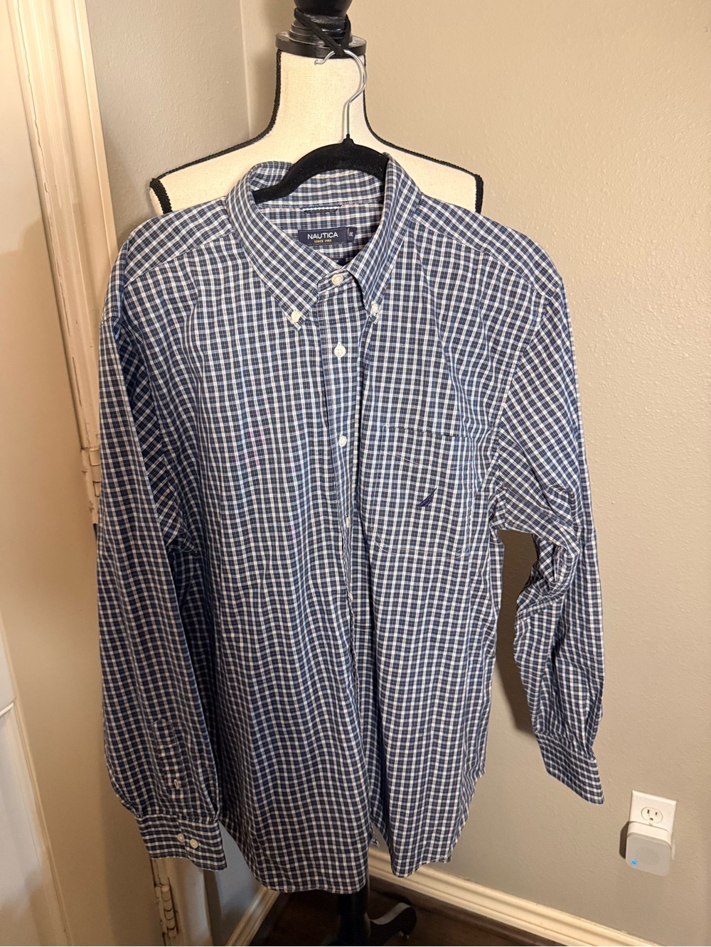 Nautica Men's Navy and White Windowpane Button-Down Shirt